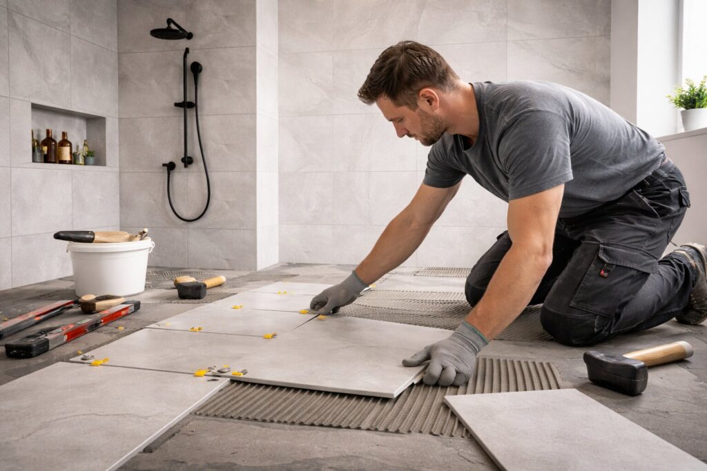 Installing porcelain tiles in a modern bathroom - fliesengleg - dauti bauservice gmbh